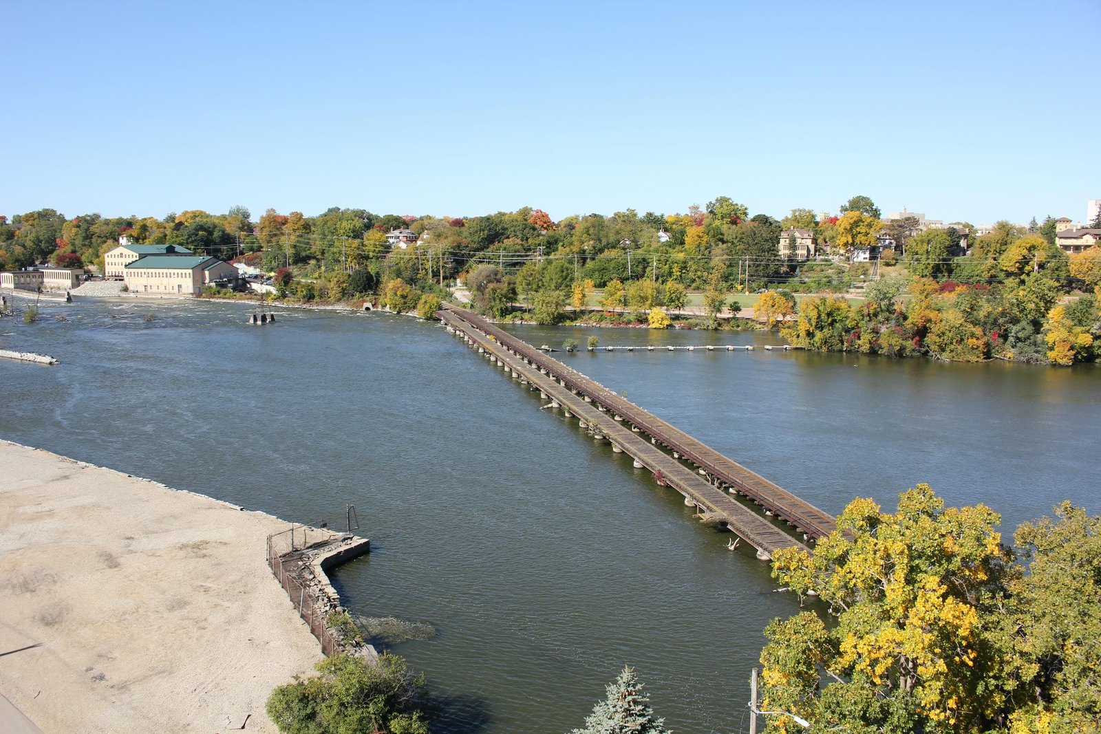 Overview from Oneida Street Bridge.  C&NW bridge in back, Milwaukee Road bridge in front
